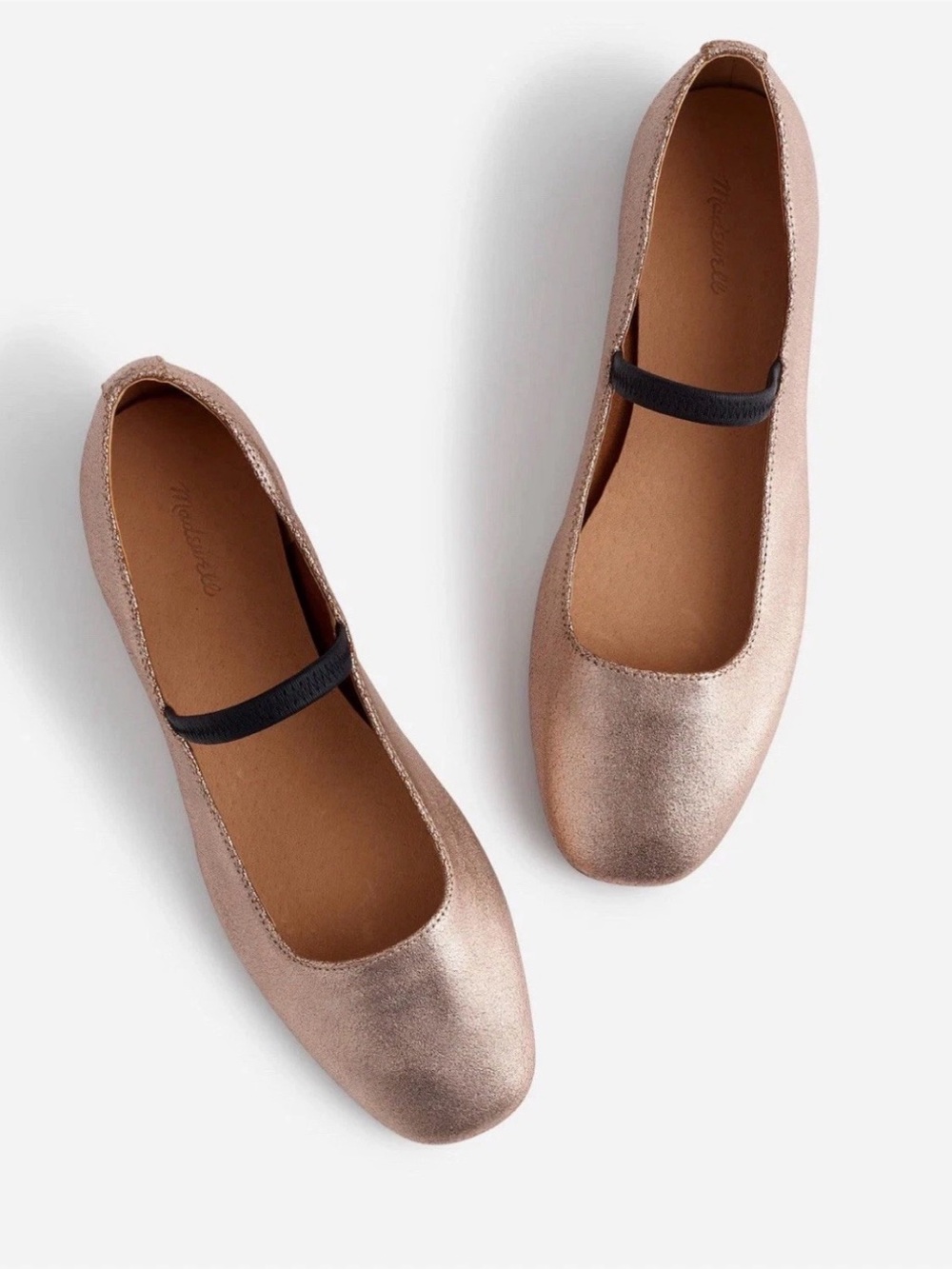 Madewell Greta Metallic Rose Gold Ballet Flats with Black Elastic Strap